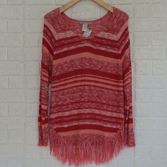 Two-one-Two Red striped long sleeve sweater with fringe hem Women’s Size XL - Picture 2 of 4